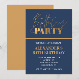  Modern Chic Gold Navy blue 64th birthday party Invitation