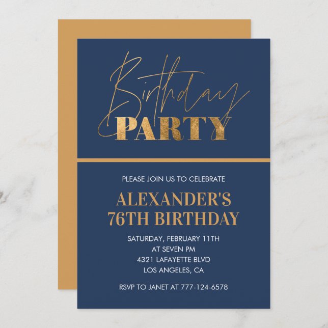  Modern Chic Gold Navy blue 76th birthday party Invitation (Front/Back)