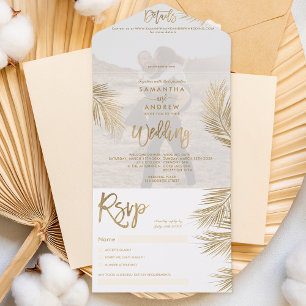 Modern chic gold palm tree tropical wedding photo all in one invitation