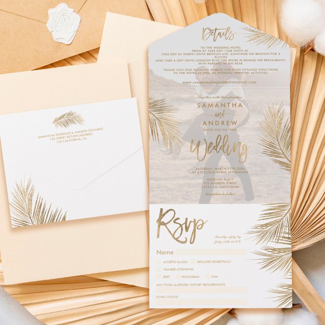 Modern chic gold palm tree tropical wedding photo all in one invitation (Creator Uploaded)