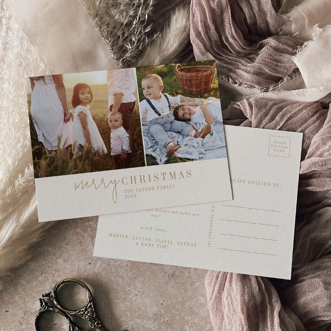 Modern Chic | Gold Photo Collage Christmas News Holiday Postcard (Creator Uploaded)