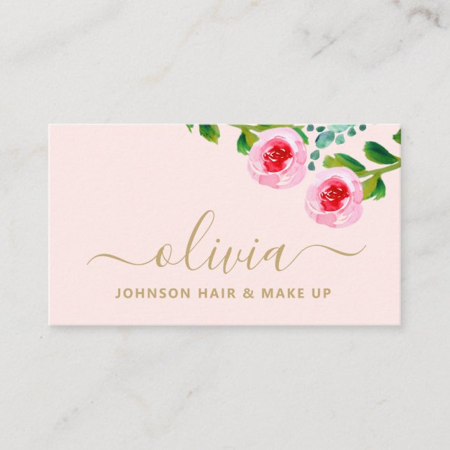 Modern Chic Gold Pink Floral Makeup Artist Salon Business Card (Front)
