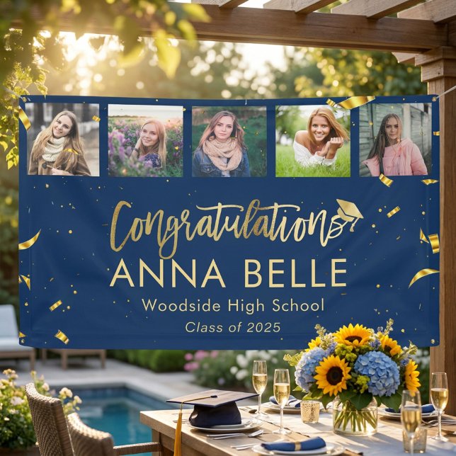 Modern Chic Gold Script Photo Collage Graduation Banner (Creator Uploaded)