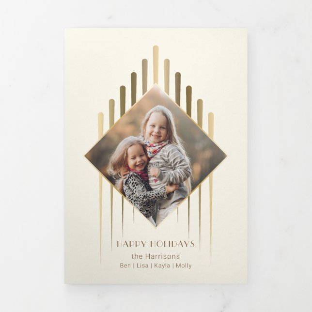 Modern Chic Gold Strokes w/Diamond-Shaped Photo Tri-Fold Card (Cover)