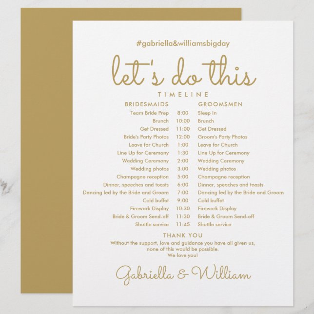 Modern Chic Gold Wedding Schedule Timeline (Front/Back)