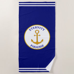 Modern chic golden anchor on blue beach towel