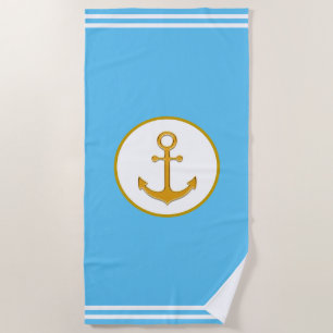 Modern chic golden anchor on turquoise & white beach towel