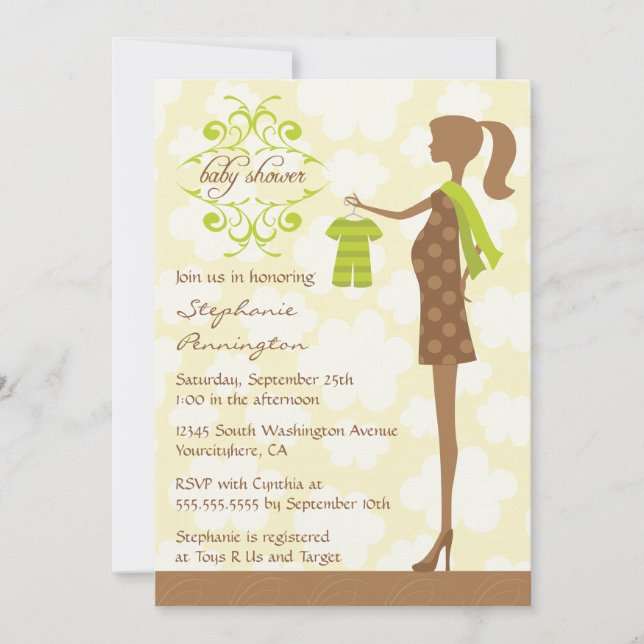 Modern chic green and brown baby shower invitation (Front)