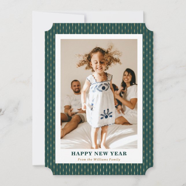 Modern Chic Green Gold Photo Happy New Year Card (Front)
