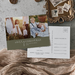 Modern Chic   Green Photo Collage Christmas News Holiday Postcard