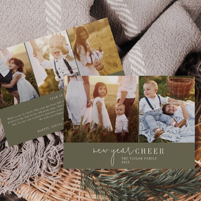Modern Chic | Green Photo Collage New Year News Holiday Card (Creator Uploaded)