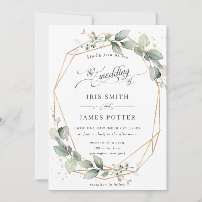 Modern Chic Greenery Leafy Gold Geometric Wedding Invitation (Front)