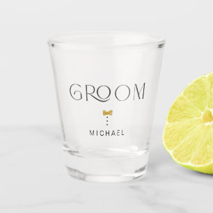 Modern Chic Groom Gold Bow Tie Art Deco Serif Name Shot Glass