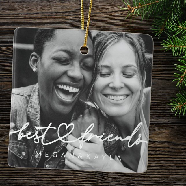 Modern Chic Heart Best Friends Besties BFF Photo Ceramic Ornament (Creator Uploaded)