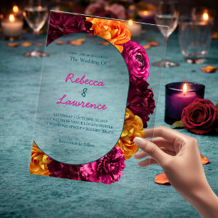 Modern chic hot pink green yellow floral wedding  acrylic invitations
