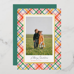 Modern Chic Joyful Plaid Christmas Foil Card