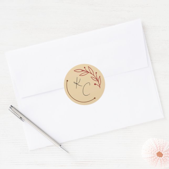 Modern Chic Leaf Monogram Wedding Classic Round Sticker (Envelope)