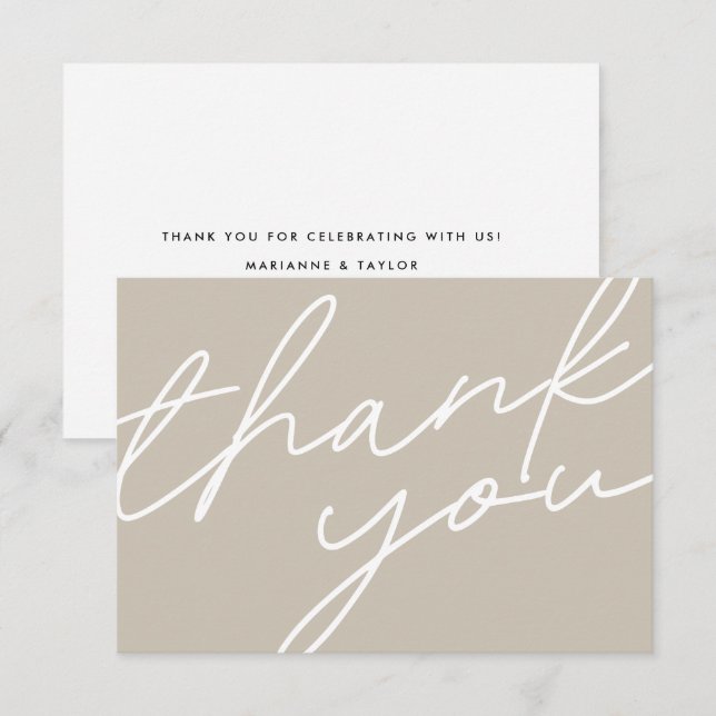 Modern Chic Light Taupe Calligraphy Script Wedding Thank You Card (Front/Back)