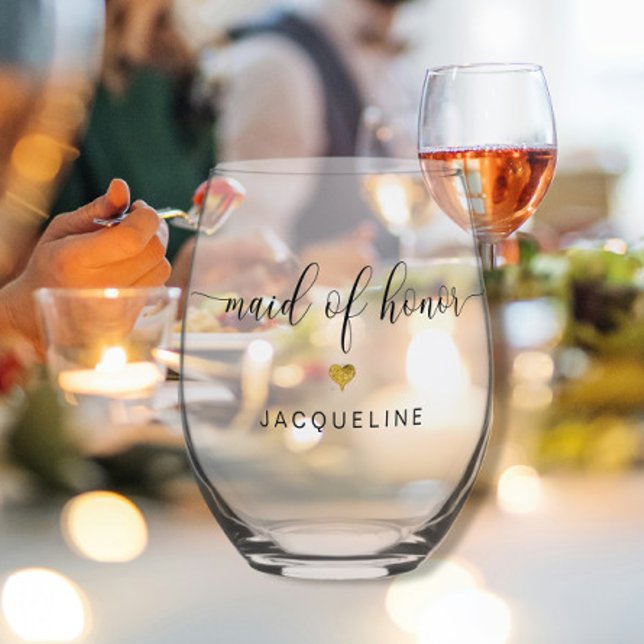 Modern Chic Maid of Honour Script Gold Heart Name Stemless Wine Glass (Creator Uploaded)
