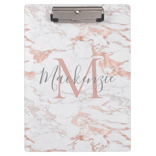 Modern Chic Marble Rose Gold Foil Monogram Clipboard (Front)