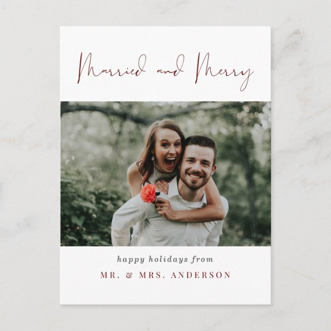 Modern Chic Married and Merry Photo Christmas Postcard (Front)