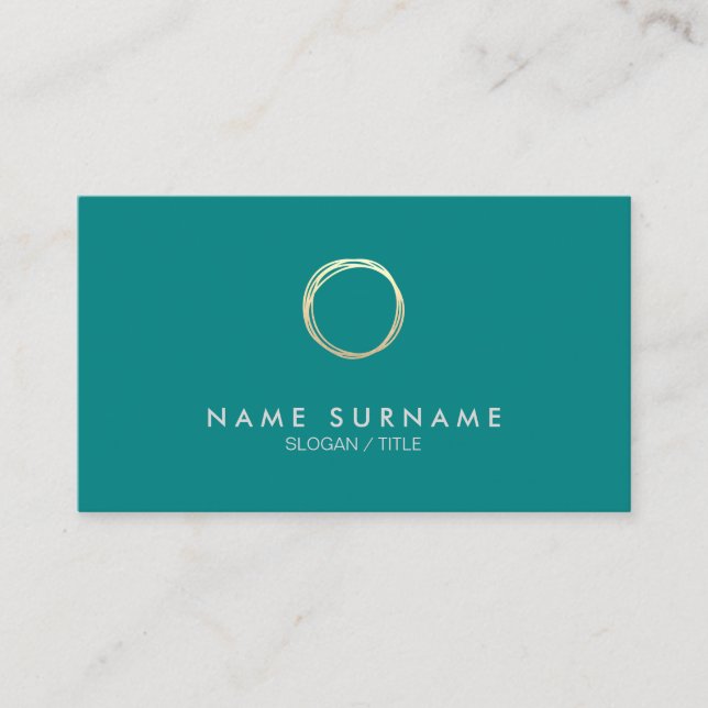 Modern Chic Minimal Gold Circle Teal Business Card (Front)