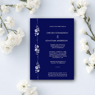 Modern Chic Minimal White Floral Navy Blue Wedding Announcement
