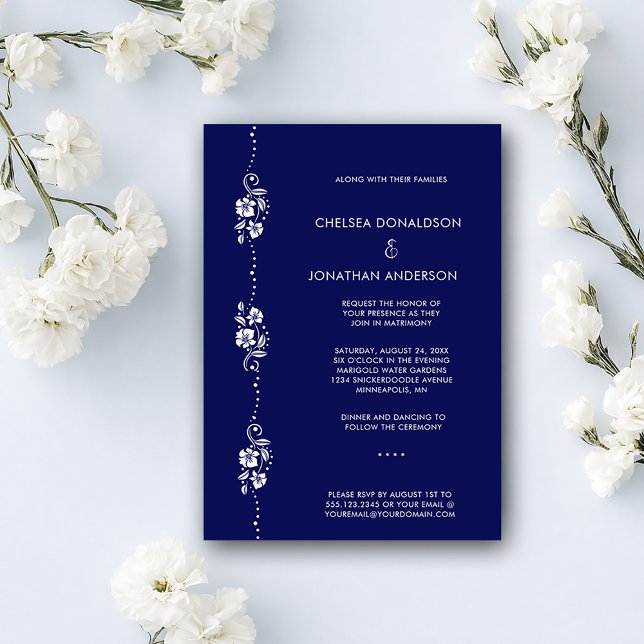 Modern Chic Minimal White Floral Navy Blue Wedding Announcement (Creator Uploaded)
