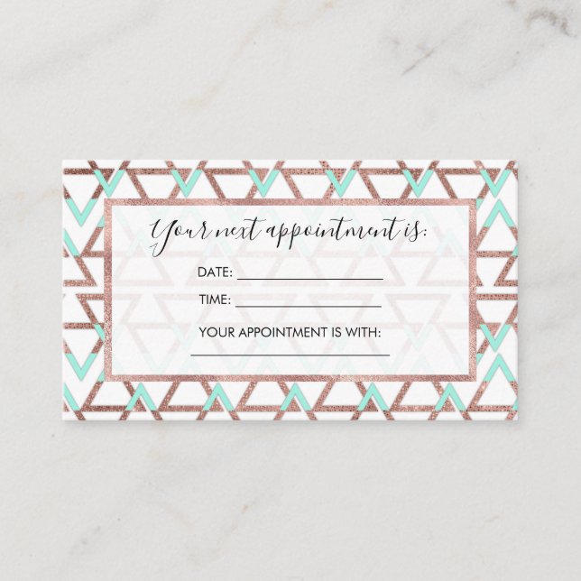 Modern Chic Mint Green Rose Gold Glitter Triangles Appointment Card (Front)