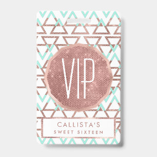 Modern Chic Mint Green Rose Gold Glitter Triangles ID Badge
