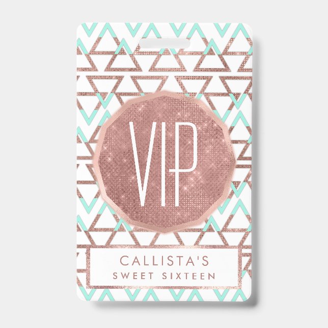 Modern Chic Mint Green Rose Gold Glitter Triangles ID Badge (Front)
