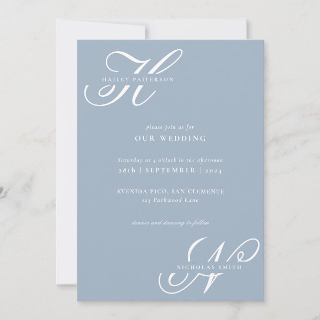 Modern Chic Monogram Dusty Blue Wedding Invitation (Front)