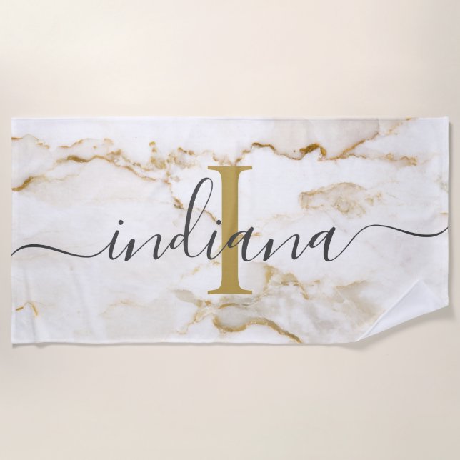 Modern Chic Monogram Marble Look Custom Beach Towel (Front)