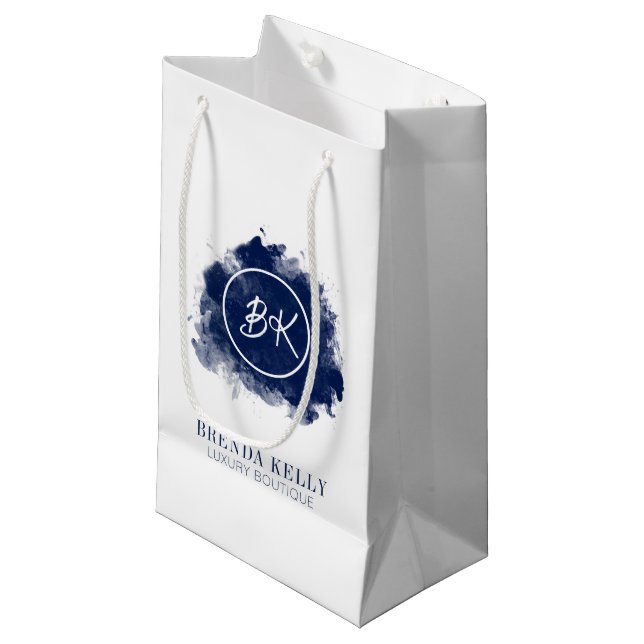 Modern Chic Monogram Navy & White QR Code Business Small Gift Bag (Front Angled)