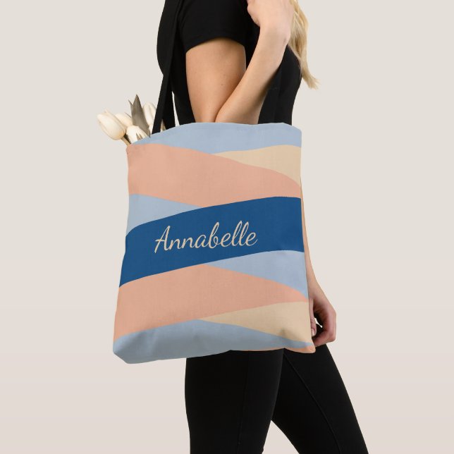 Modern Chic Monogrammed Pink & Blue Tote Bag (Close Up)