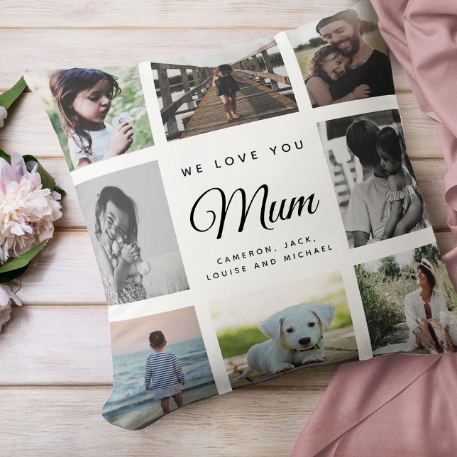 Modern Chic Mother's Day Mum Family Photo Collage Cushion (We love you, Mum: For the Best Mom Ever in your life a modern, trendy Instagram family photo collage)