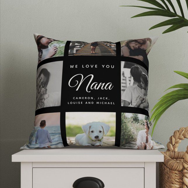 Modern Chic Mother's Day Nana Family Photo Collage Cushion (We love you Nana! Custom message and favorite pictures make cute keepsake gift!)