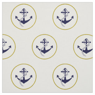 Modern Chic Nautical Anchor Navy Blue White Gold Fabric