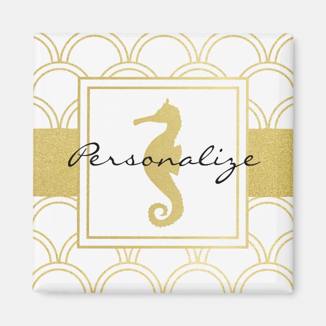 Modern Chic Nautical Pattern Gold Glitter Seahorse Magnet (Front)