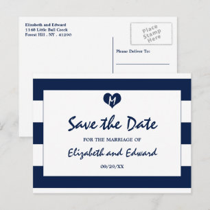 Modern Chic Navy and White Wedding Save The Date Announcement Postcard