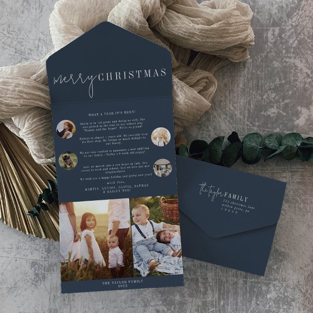 Modern Chic Navy Blue Merry Christmas Multi Photo All In One Invitation (Creator Uploaded)