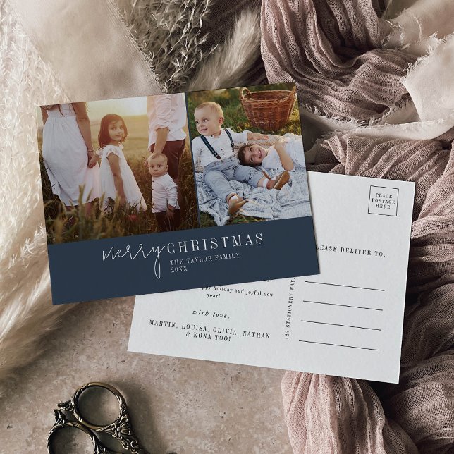 Modern Chic Navy Blue Photo Collage Christmas News Holiday Postcard (Creator Uploaded)
