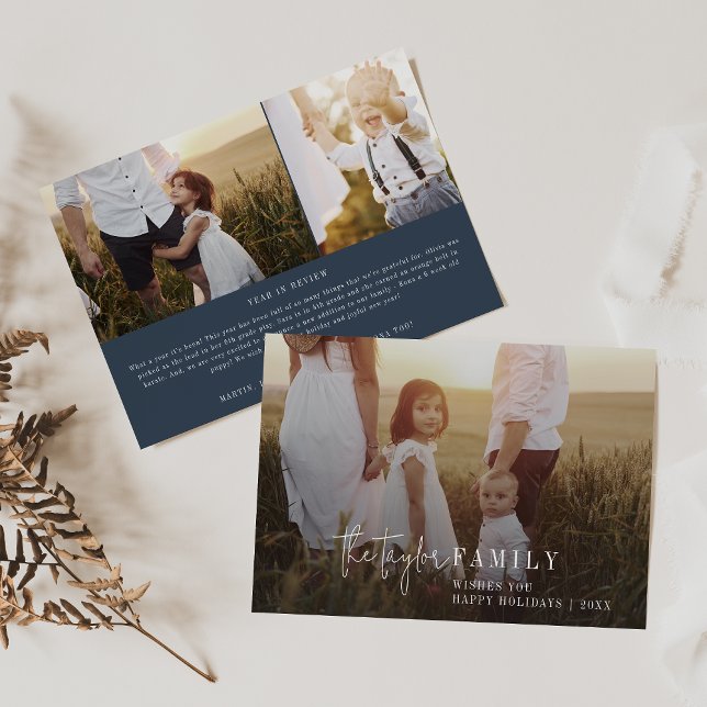 Modern Chic | Navy Blue Photo Overlay Family News Holiday Card (Creator Uploaded)