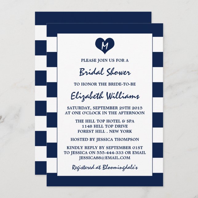 Modern Chic Navy Blue & White Bridal Shower Invitation (Front/Back)