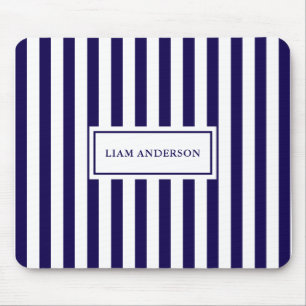 Modern Chic Navy Blue & White Vertical Stripes Mouse Pad