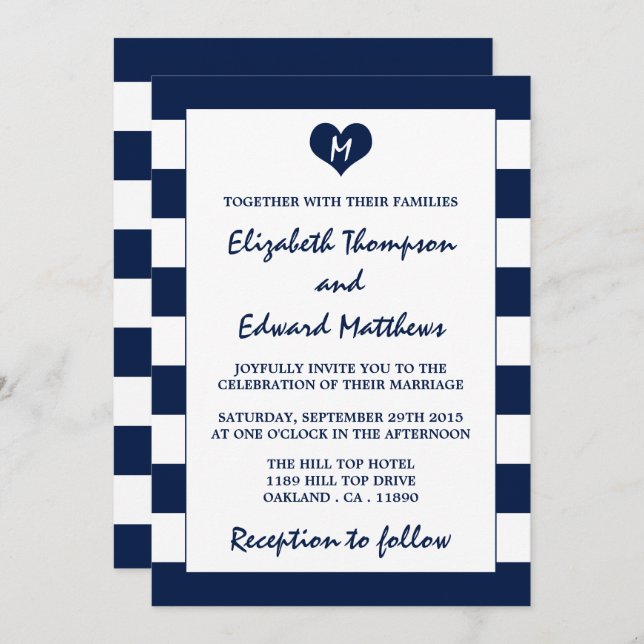 Modern Chic Navy Blue & White Wedding Invitation (Front/Back)