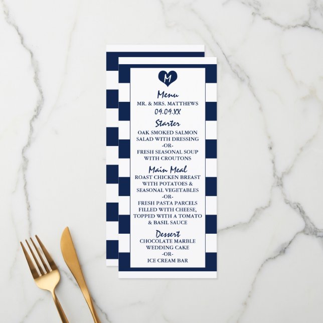 Modern Chic Navy Blue & White Wedding Menu (Front/Back In Situ)