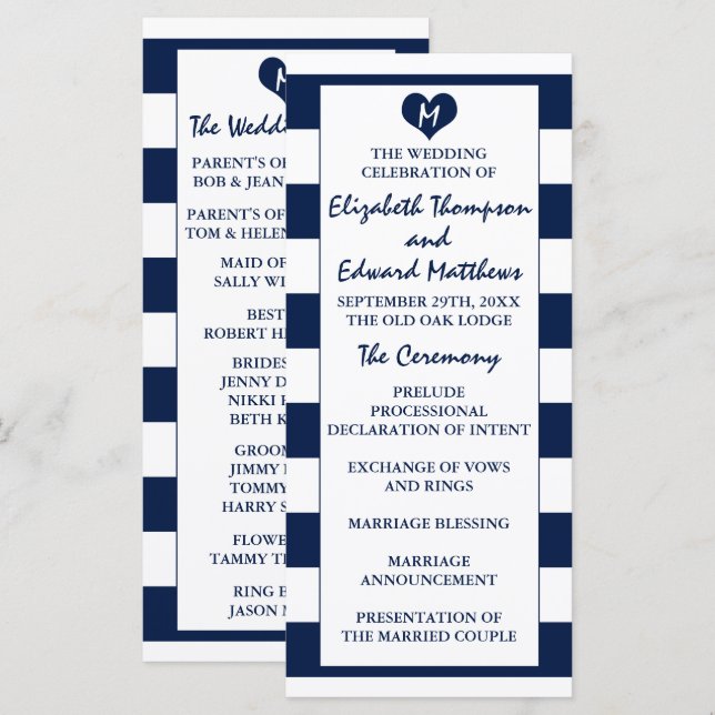 Modern Chic Navy Blue & White Wedding  Programme (Front/Back)