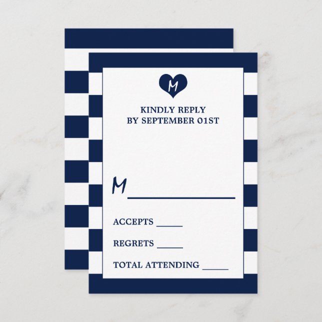 Modern Chic Navy Blue & White Wedding RSVP Card (Front/Back)