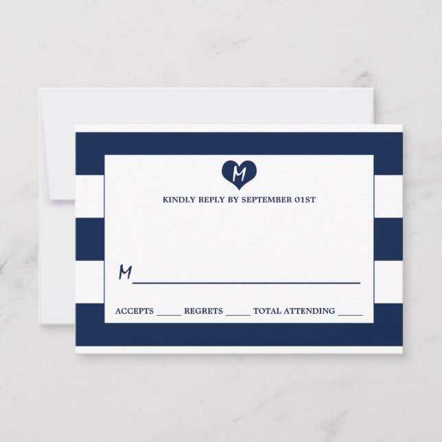 Modern Chic Navy Blue & White Wedding RSVP Card (Front)